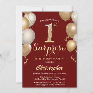 Convites Balões primeiro aniversario escuro e Dourado Surpr