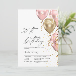 Convites Balões Rosa Bege Dourado de Aniversário de 30 Anos