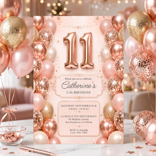 Convites Balões Rosa Dourado Rosa 11 Anos Festa de Aniversá