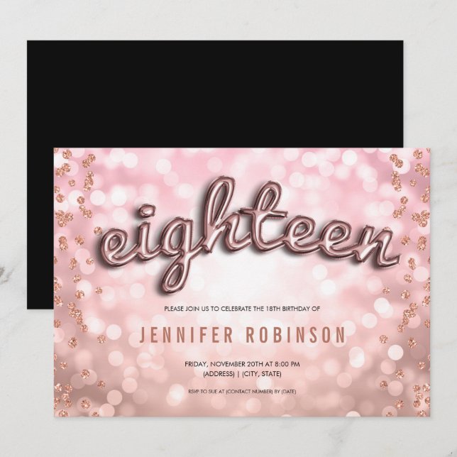 Convites Balões Rosa Dourado Rosa para 18º Aniversário com  (Frente/Verso)