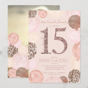 Convites balões Rosa dourados com brilho blush Foto de Qui