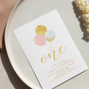 Convites Balões Rosa e Dourado   Aniversário de 1 ano da Me