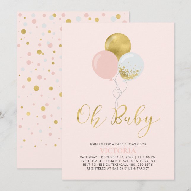Convites Balões Rosa e Dourado | Oh Menina Bebê Chamada Bab (Frente/Verso)
