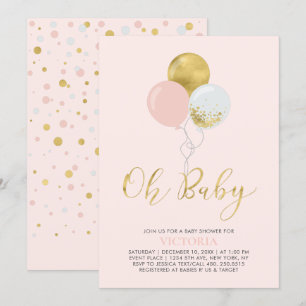 Convites Balões Rosa e Dourado Oh Menina Bebê Chamada Bab