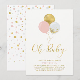 Convites Balões Rosa e Dourado Oh Menina Bebê Chamada Bab