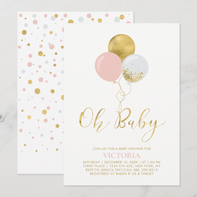 Convites Balões Rosa e Dourado | Oh Menina Bebê Chamada Bab (Frente/Verso)