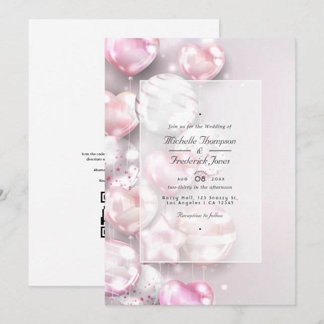 Convites Balões Rosa e Dourado Rosa Código QR RSVP Casament (Frente/Verso)