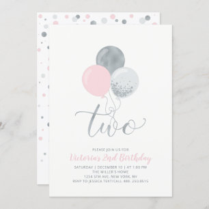 Convites Balões Rosa e Prata Festa de segundo aniversário