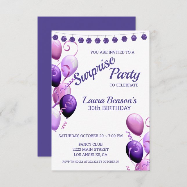 Convites Balões Rosa E Roxo Aniversário (Frente/Verso)