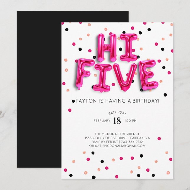 Convites Balões Rosa | Hi Five 5º Aniversário (Frente/Verso)