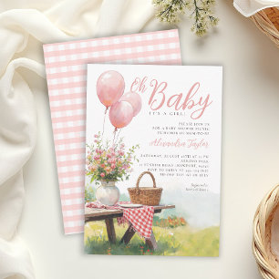Convites Balões Rosa Piquenique Floral Chá de Bebê Menina C