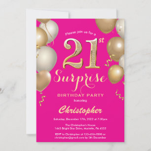 Convites Baloes Rosa Quente e Dourado de Aniversário de 21 