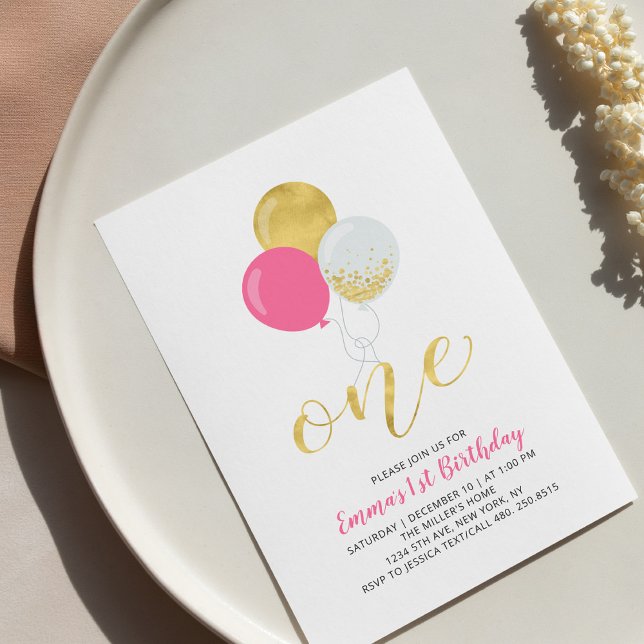 Convites Balões rosa-quente e Dourados 1 Festa de aniversár (Criador carregado)