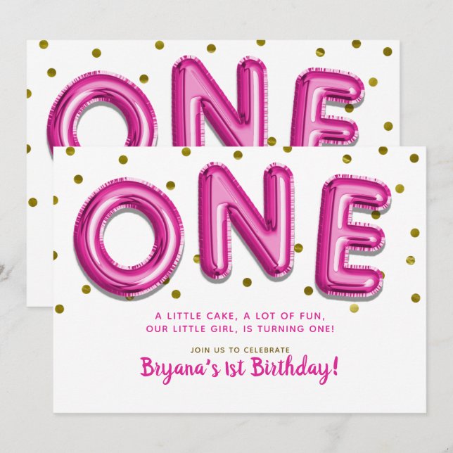 Convites Balões rosa-quente Pontos Dourados Um Partido prim (Frente/Verso)