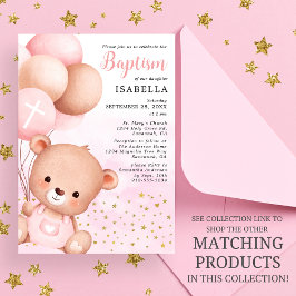 Convites Balões rosa-urso-peludos Dourados estrelas batismo