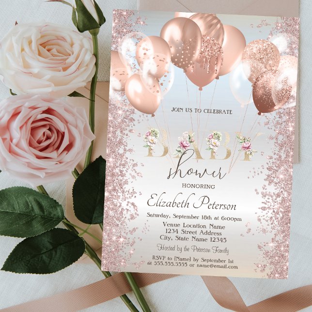 Convites Balões Rose Gold Glitter Confete Prata (Criador carregado)