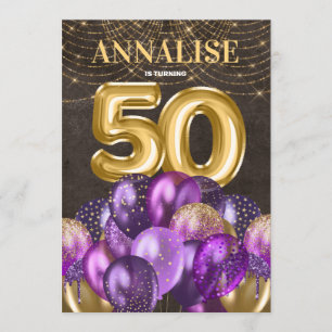 Convites Balões Roxos Dourados com Brilho 50ª Festa de an