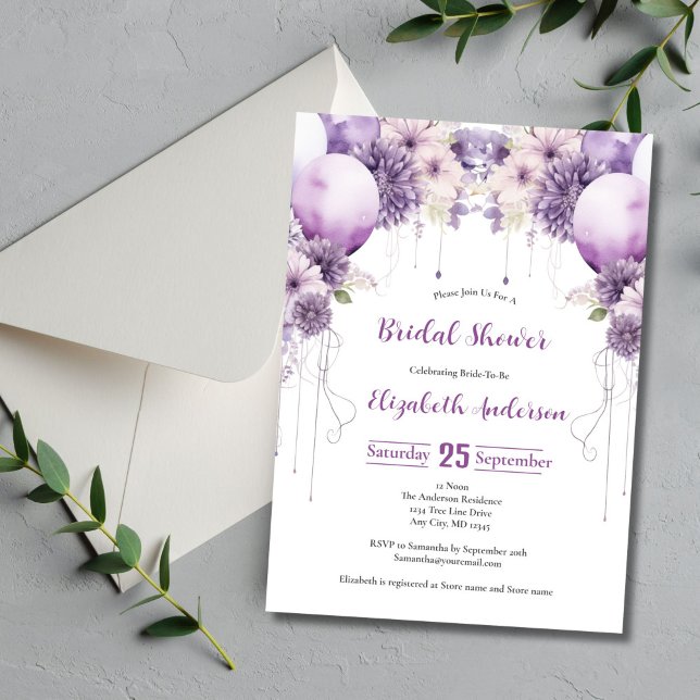Convites Balões Roxos Floresta de Aquarela Chá de panela (Purple Balloons and Flowers Arch Bridal Shower Invitation. Watercolor Elegant)