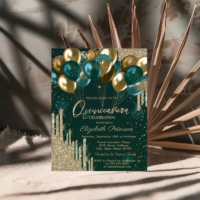 Convites Balões Verdes com Efeito de Brilho Dourado Chic e  (Criador carregado)