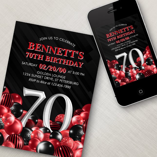 Convites Balões Vermelho 70 Birthday (Criador carregado)
