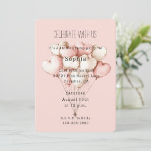 Convites Baloões Corações Rosa Aniversário