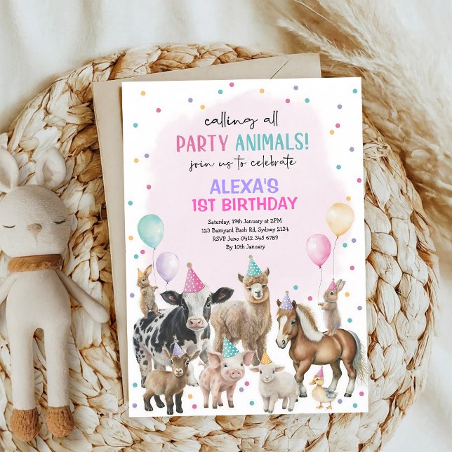 Convites Baloões de Animais da Fazenda Rosa Roxo Aniversári (Criador carregado)