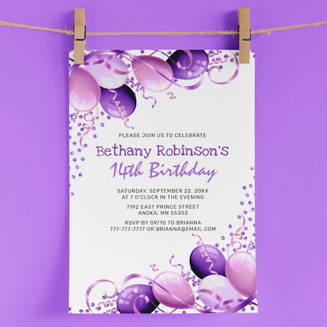 Convites Baloões de Brilho Roxo Aniversário (Criador carregado)