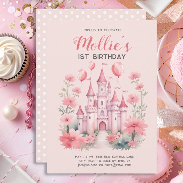 Convites Baloões de Castelo da Princesa Rosa de 1º Aniversá (Cute pink princess castle little girl's 1st birthday party invitation)
