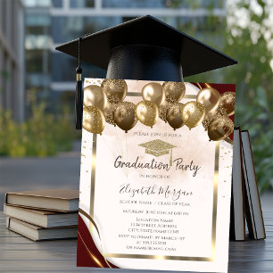Convites Baloões de Graduação com Borda Burgundy e Boina de