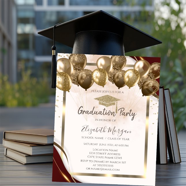 Convites Baloões de Graduação com Borda Burgundy e Boina de (Criador carregado)