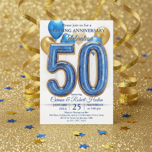 Convites Baloões Glam Blue Gold 50º Aniversário de Casament