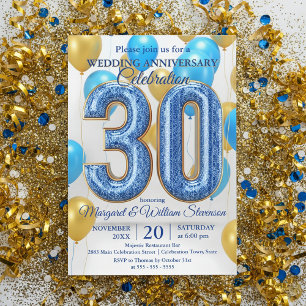 Convites Baloões Glam Blue Gold Aniversário de Casamento 30