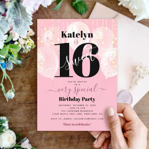 Convites Baloões Rosa Aniversário de 16 anos Dourado Menina