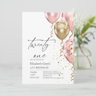 Convites Baloões Rosa e Dourado de Aniversário de 21 Anos M