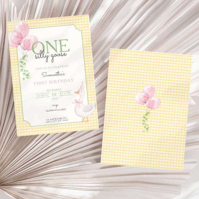 Convites Baloões Rosa Ginga do Patinho 1º Aniversário (One Silly Goose Invitation)