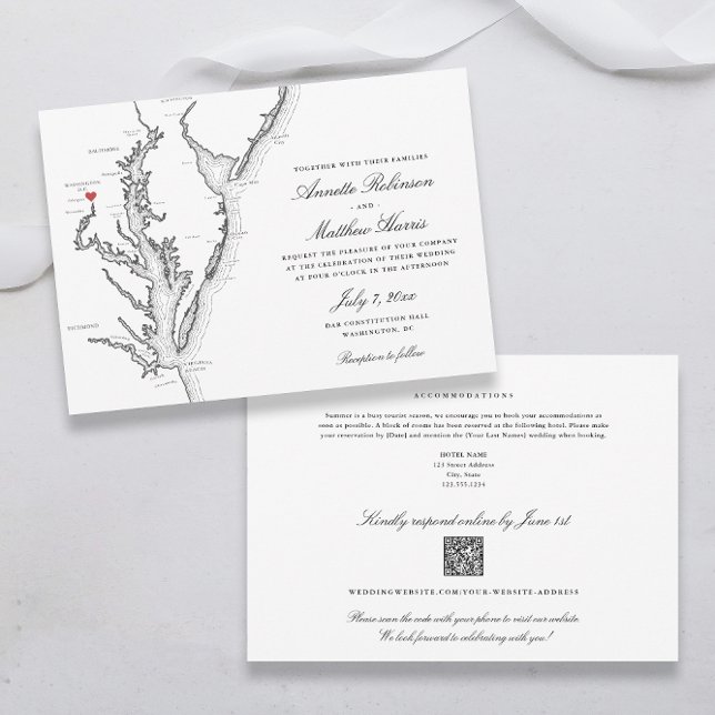 Convites Baltimore Maryland, código QR completo em um RSVP  (Black and White Baltimore Wedding Invitations all-in-one with QR code RSVP and Chesapeake Bay map)