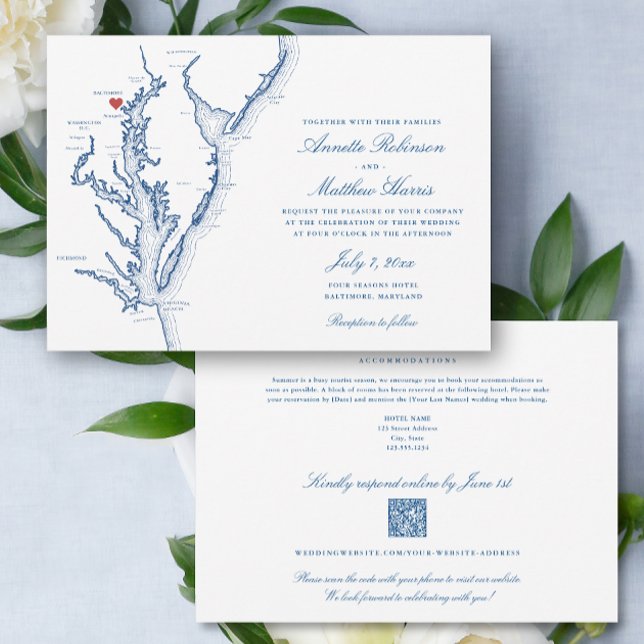 Convites Baltimore Maryland código QR de RSVP de casamento  (Baltimore Maryland Elegant QR Code RSVP all-in-one wedding invitation with elegant navy blue map )