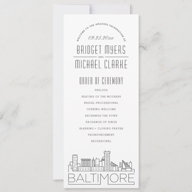 Convites Baltimore | Programa de Casamento Modern Deco (Frente)