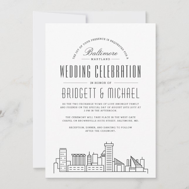 Convites Baltimore Wedding | Skyline Moderno Deco (Frente)