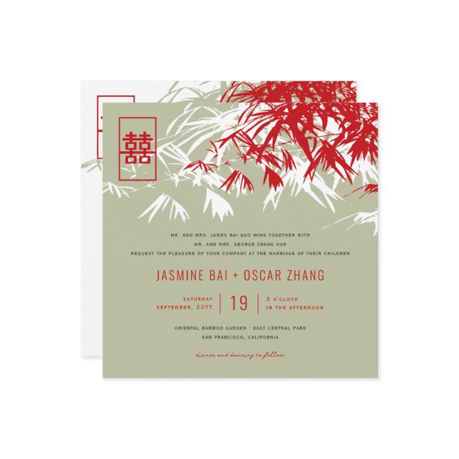 Convites Bambu deixa casamento chinês de felicidade dupla (Frente/Verso In Situ)