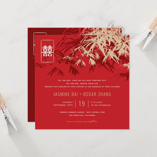 Convites Bambu deixa casamento chinês de felicidade dupla (Frente/Verso In Situ)