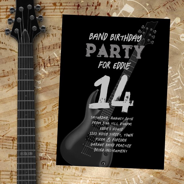 Convites Banda de Guitarra Preta Aniversário Adolescente (Criador carregado)