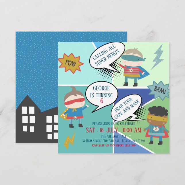 Convites Banda desenhada de Super Herói, Convocação para Cr (Frente/Verso)