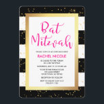 Convites Bandas brancas e pretas com Dourado Bat Mitzvah<br><div class="desc">Esses convites do na moda Bat Mitzvah apresentam listras pretas e brancas,  com uma falsa borda dourada e um confete de ouro falso correspondente. A tipografia moderna cor-de-rosa profunda acrescenta outro estilo de moda.</div>