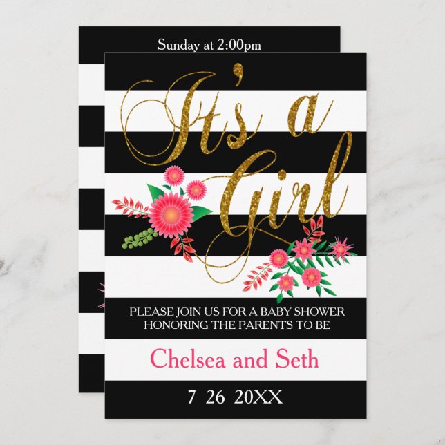 Convites Bandas Pretas e Brancas | Floral rosa | CHÁ DE FRA (Frente/Verso)