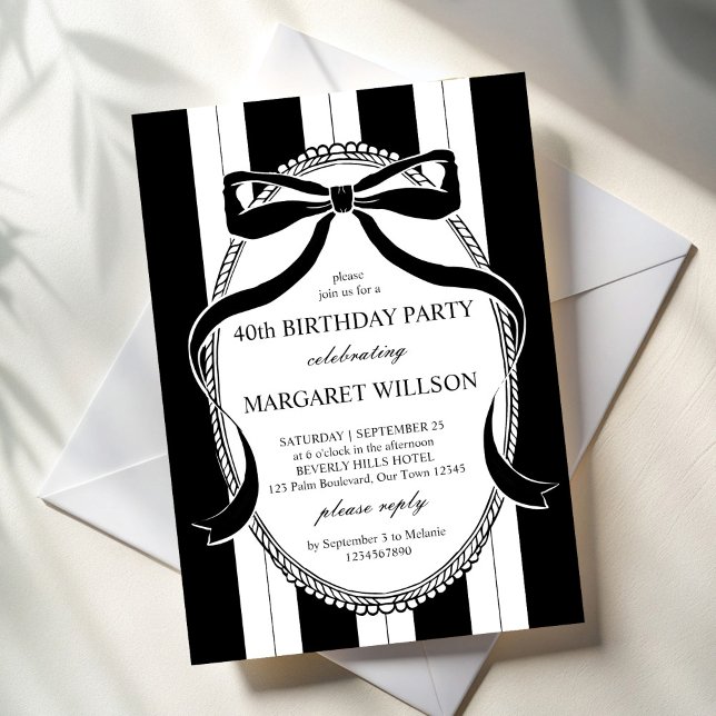 Convites Bandas retrorreflectoras brancas e pretas festa de (Black and white retro stripes bow border elegant adults birthday party invitation cards template)