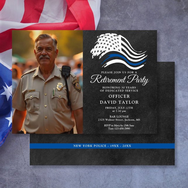 Convites Bandeira da Linha Azul Fina da Festa de Aposentado (Police Retirement Party Thin Blue Line Flag Photo Invitation)