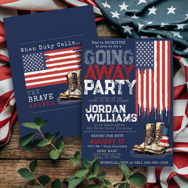 Convites Bandeira Patriótica Militares Saindo do Partido de (Patriotic USA flag military going away farewell party invitation for Air Force, Army, Navy, Marines)