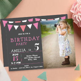 Convites Bandeiras de Bunting Rosa Moderno Foto Aniversário
