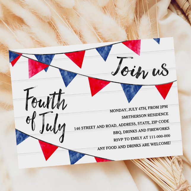 Convites Bandeiras modernas de fachada azul-de-fachada made (Modern red blue bunting flags wood 4th of July Invitation)